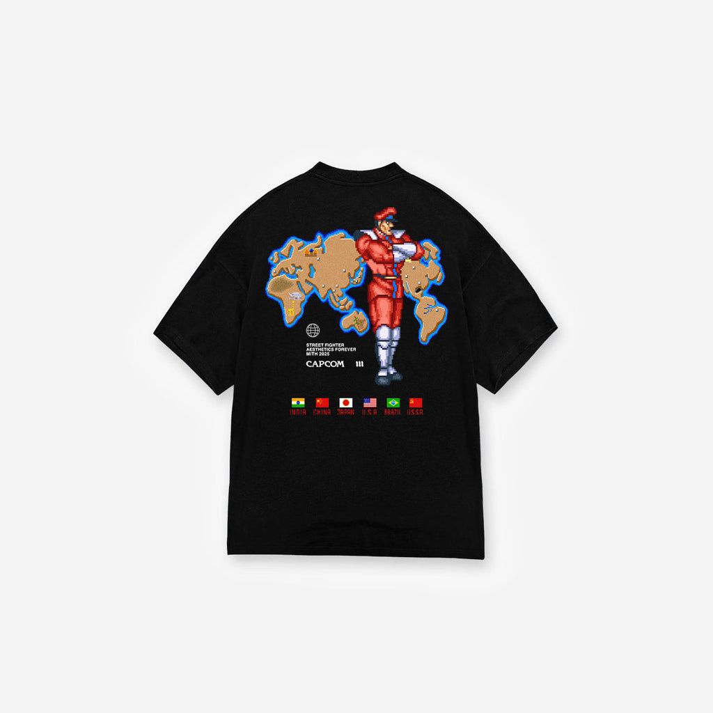 Camiseta Oversized Street Fighter Mr. Bison Map Preto