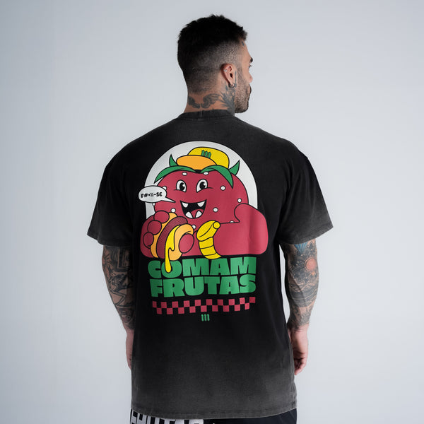 Camiseta Oversized Estonada Comam Frutas Burger Preto