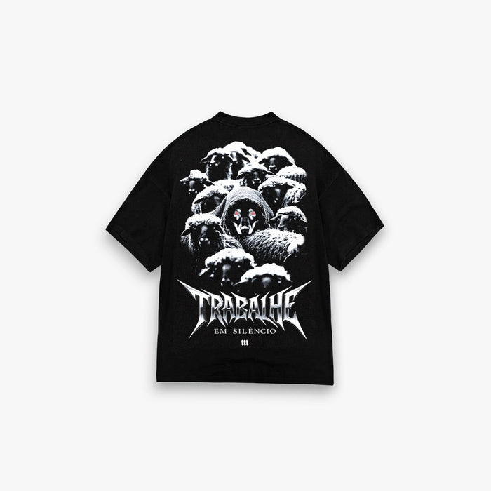 Camiseta <strong>Oversized Treino</strong> Mith Trabalhe em Silêncio Preto