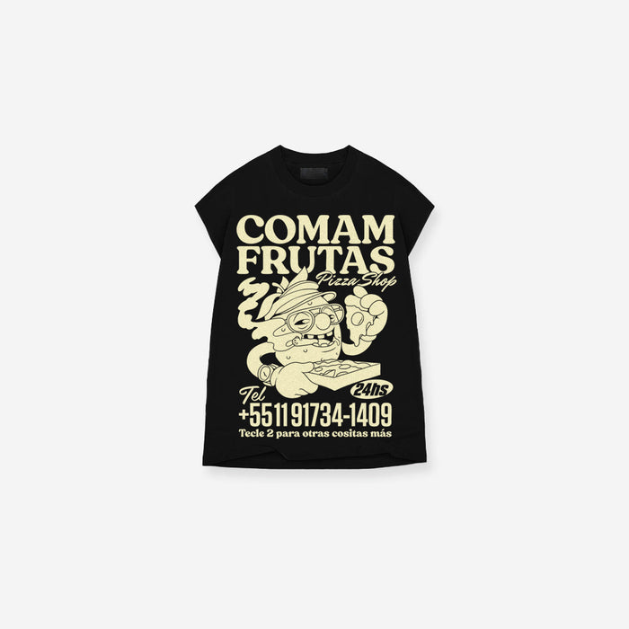 Regata Oversized Box Mith Comam Frutas Pizza Shop Preto