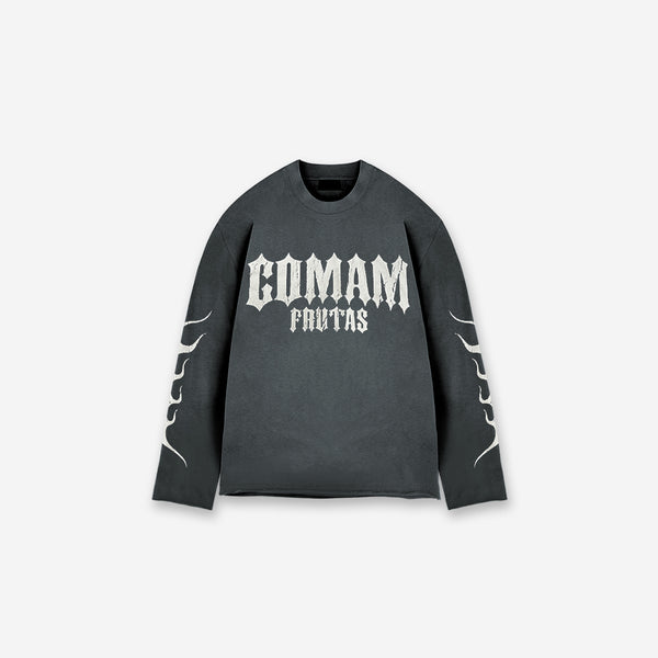 Camiseta Manga Longa Box Estonada Mith Comam Frutas Flames Cinza