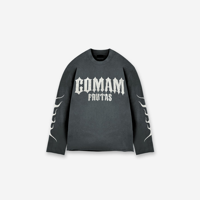 Camiseta Manga Longa Box Estonada Mith Comam Frutas Flames Cinza