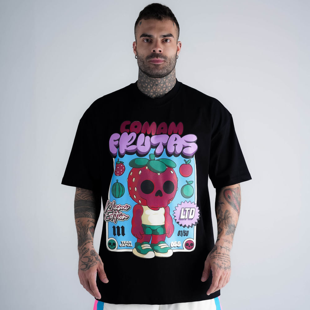 Camiseta Oversized Comam Frutas Neon Toyart Preto