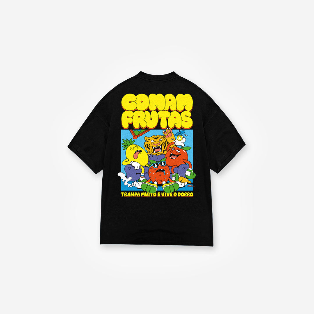 Camiseta Oversized Mith Comam Frutas Trampa Muito Vive o Dobro Preto