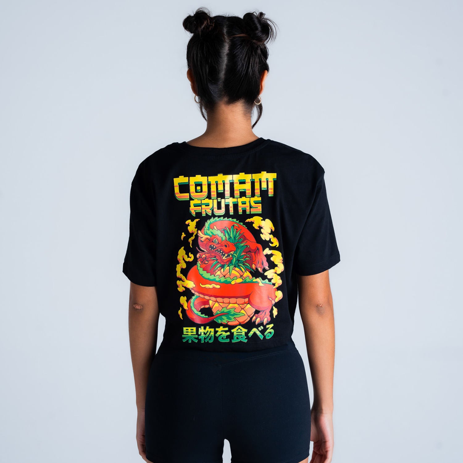 Cropped Estonado Comam Frutas Dragão Preto