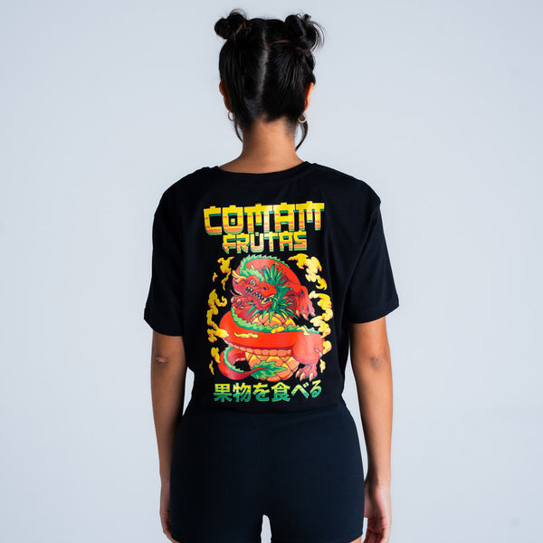 Cropped Estonado Comam Frutas Dragão Preto