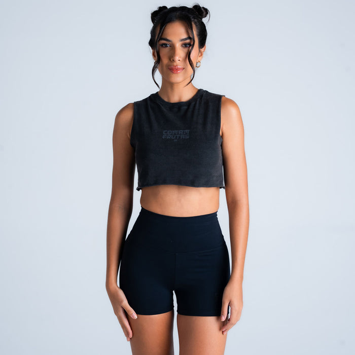 Regata Feminina Cut Off Estonada Comam Frutas Logo Preto