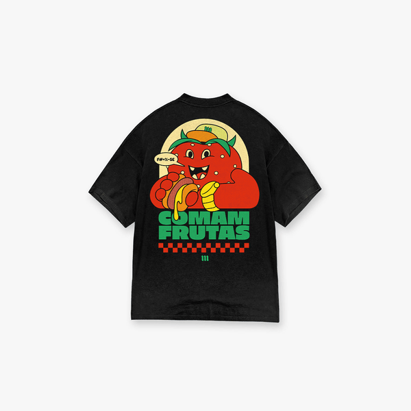 Camiseta Oversized Estonada Comam Frutas Burger Preto