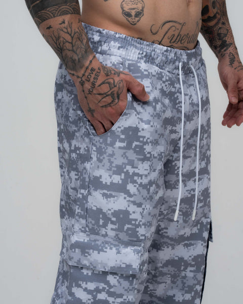 Calça Cargo Sublimado Camo Logo Cinza