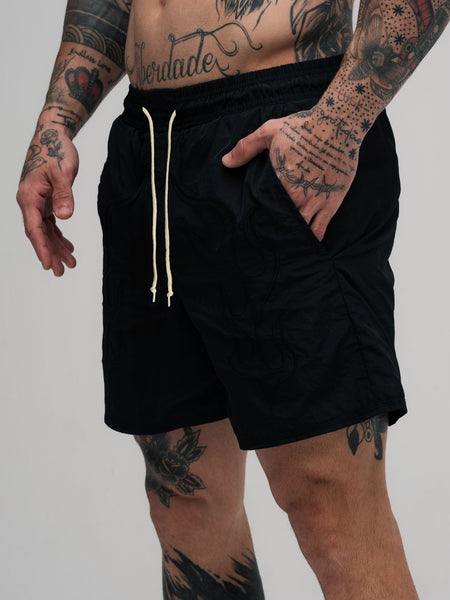 Shorts de Tactel Mith Comam Frutas Flames Preto