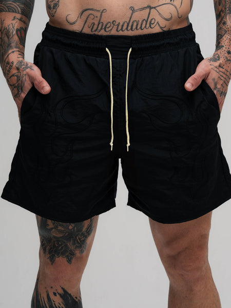 Shorts de Tactel Mith Comam Frutas Flames Preto