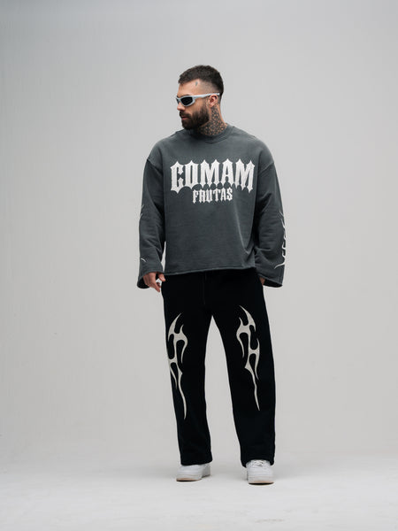 Camiseta Manga Longa Box Estonada Mith Comam Frutas Flames Cinza