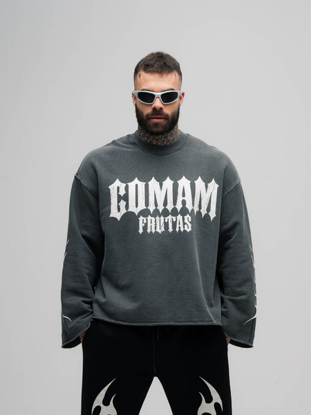 Camiseta Manga Longa Box Estonada Mith Comam Frutas Flames Cinza