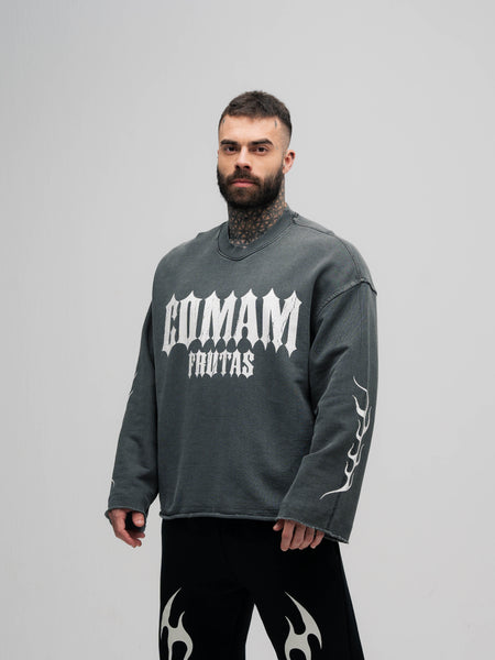 Camiseta Manga Longa Box Estonada Mith Comam Frutas Flames Cinza