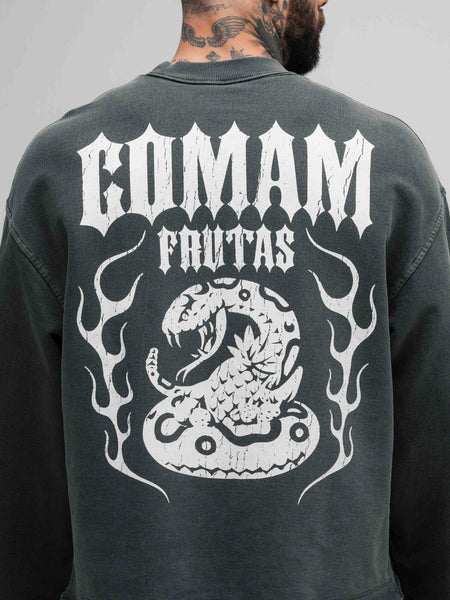 Camiseta Manga Longa Box Estonada Mith Comam Frutas Flames Cinza