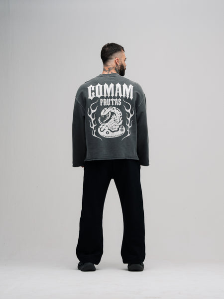 Camiseta Manga Longa Box Estonada Mith Comam Frutas Flames Cinza