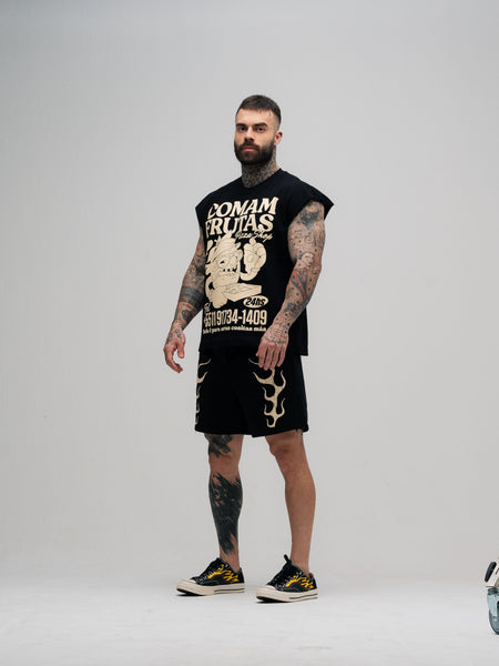 Regata Oversized Box Mith Comam Frutas Pizza Shop Preto