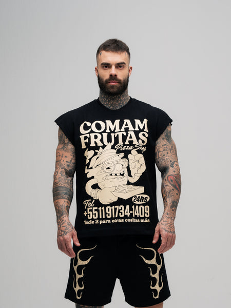 Regata Oversized Box Mith Comam Frutas Pizza Shop Preto