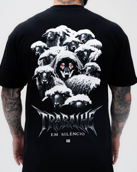 Camiseta <strong>Oversized Treino</strong> Mith Trabalhe em Silêncio Preto