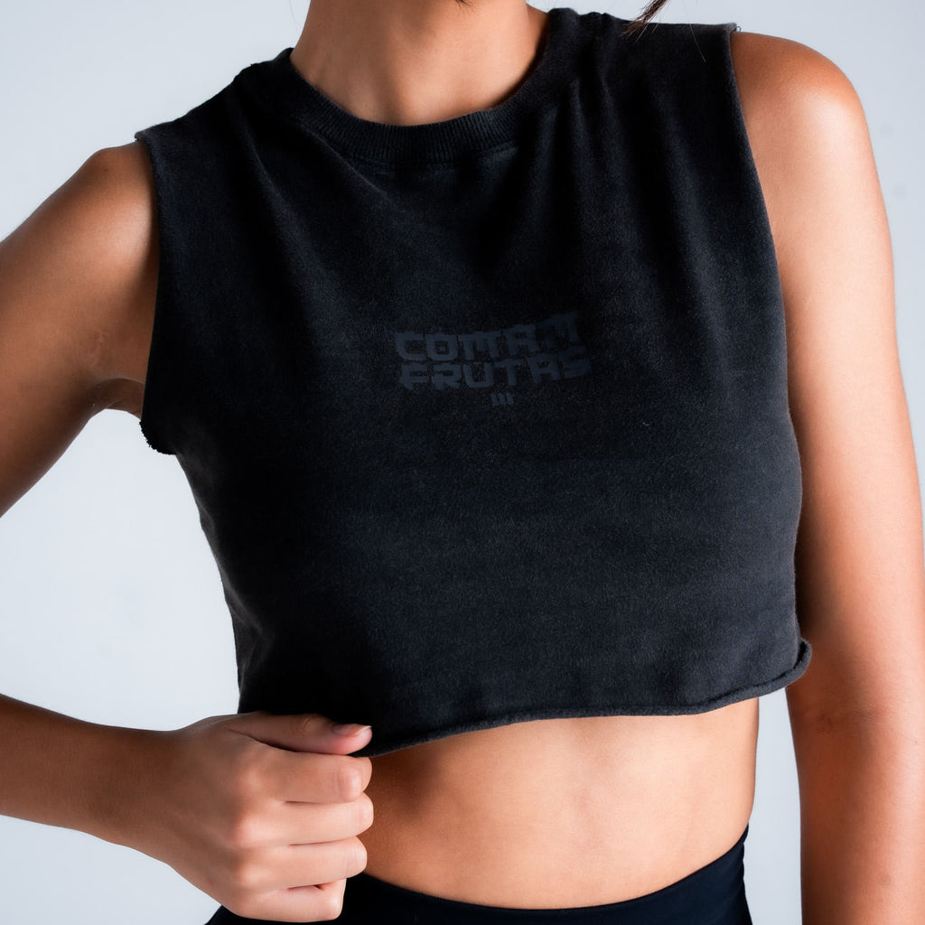 Regata Feminina Cut Off Estonada Comam Frutas Logo Preto